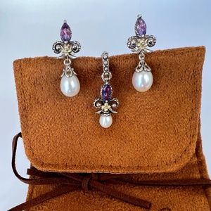 Barbara Bixby Fleur-de-lis Amethyst and Pearl charm w/matching earrings
